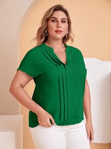 SHEIN Clasi Plus Notch Neck Batwing Sleeve Pleated Top - Green - View 3