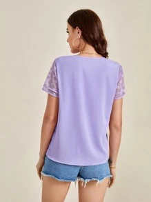 SHEIN Clasi 波卡圓點鎖眼領口網紗拼接上衣 - 紫丁香色 - 查看 2