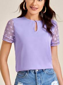 SHEIN Clasi 波卡圓點鎖眼領口網紗拼接上衣 - 紫丁香色 - 查看 4