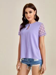 SHEIN Clasi 波卡圓點鎖眼領口網紗拼接上衣 - 紫丁香色 - 查看 5