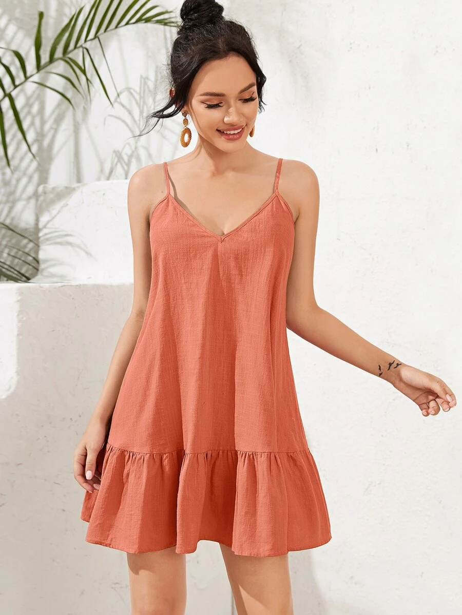 SHEIN VCAY Vestido de tirantes bajo con fruncido - Naranja Coral - Ver 1