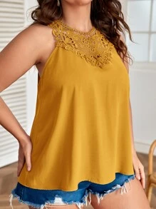SHEIN Clasi Áo sơ mi Plus Size Tương phản ren màu trơn Giải trí - Màu Mù tạt vàng - Xem 5