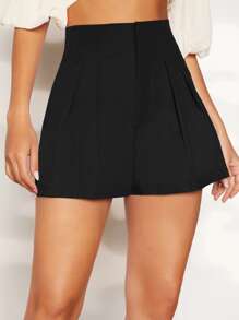 SHEIN Privé High Waist Plicated Detail Shorts - Black - View 1