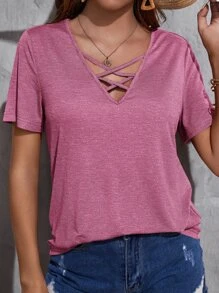 SHEIN LUNE Áo thun nữ Hội Chữ thập màu trơn Giải trí - Hồng - Xem 1