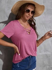 SHEIN LUNE Áo thun nữ Hội Chữ thập màu trơn Giải trí - Hồng - Xem 5