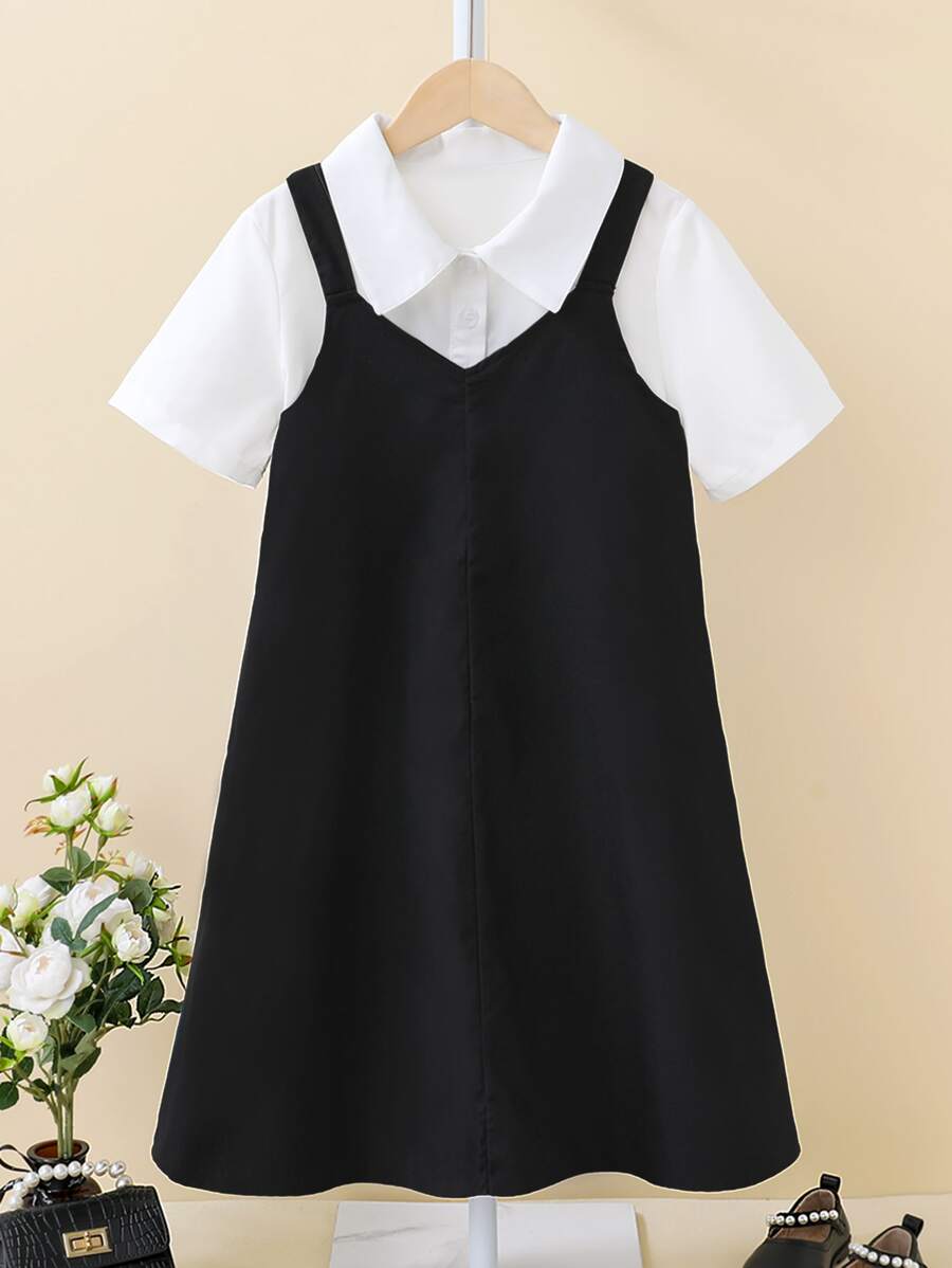 Girls Solid Polo Neck Shirt & Pinafore Dress - Black and White - View 1