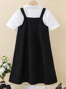 Girls Solid Polo Neck Shirt & Pinafore Dress - Black and White - View 2