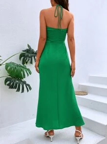 SHEIN VCAY 交叉後背繫帶高衩掛脖連衣裙 - 綠色 - 查看 3