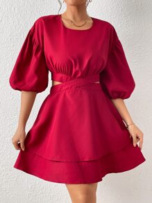 Aveloria 燈籠袖腰部鏤空雙層下擺洋裝