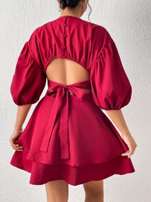 Aveloria 燈籠袖腰部鏤空雙層下擺洋裝