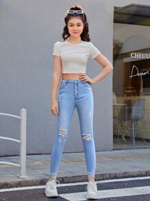 SHEIN Teen Girl Button Fly Ripped Raw Hem Jeans - Light Wash - View 3