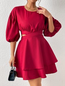 Aveloria 燈籠袖腰部鏤空雙層下擺洋裝