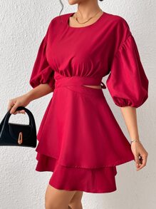 Aveloria 燈籠袖腰部鏤空雙層下擺洋裝