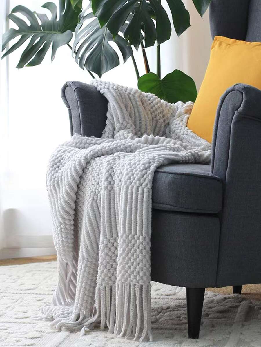 1pc Solid Color Fringe Trim Throw Blanket - Light Grey - View 1