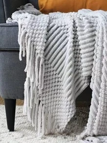 1pc Solid Color Fringe Trim Throw Blanket - Light Grey - View 3