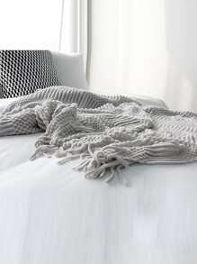 1pc Solid Color Fringe Trim Throw Blanket - Light Grey - View 6