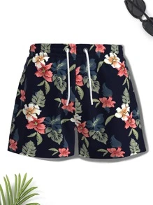 Manfinity Men Floral Print Drawstring Waist Swim Trunks - Navy Blue - View 1