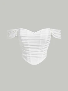 SHEIN x Marika Sila SHEIN MOD Off Shoulder Fish Bone Decoration Ruched Waist White Corset Structure Crop Top