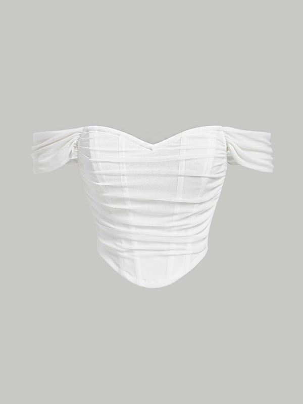 SHEIN x Marika Sila SHEIN MOD Umăr dezactivat Decorare în oase de pește Talie încrețită Structură corset alb Crop Top