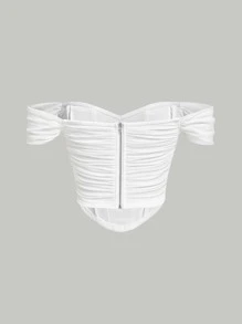 SHEIN x Marika Sila SHEIN MOD Off Shoulder Fish Bone Decoration Ruched Waist White Corset Structure Crop Top