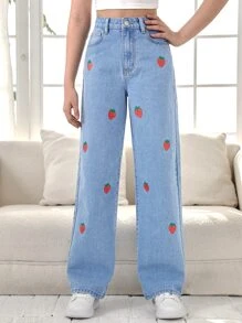 SHEIN Teen Girls Strawberry Print Jeans - Light Wash - View 1