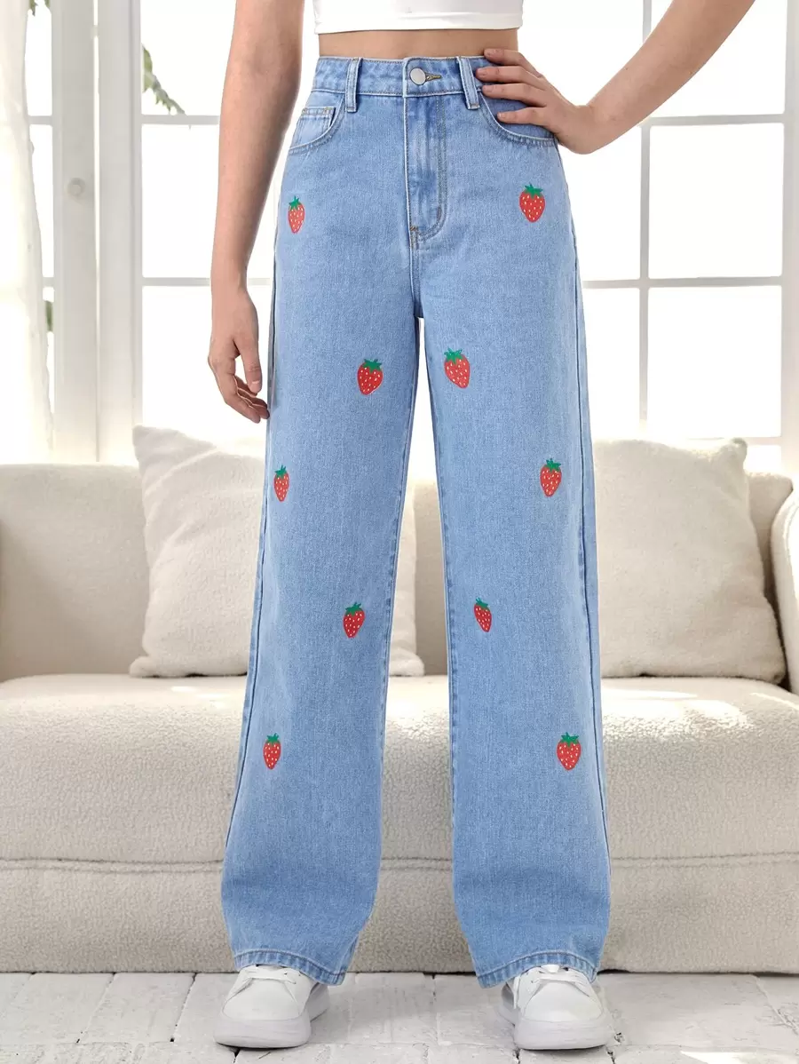 SHEIN Teen Girls Strawberry Print Jeans - Light Wash - View 1
