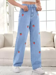 SHEIN Teen Girls Strawberry Print Jeans - Light Wash - View 5