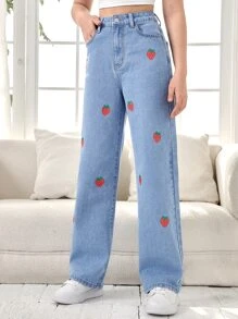 SHEIN Teen Girls Strawberry Print Jeans - Light Wash - View 4