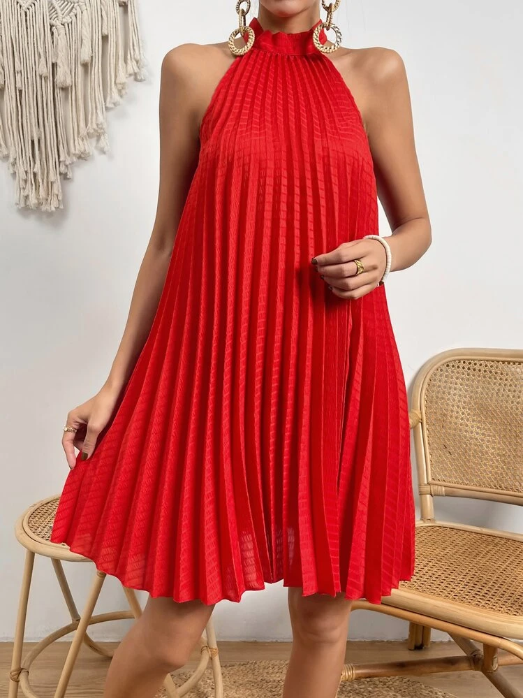 SHEIN VCAY Solid Pleated Halter Dress | SHEIN USA