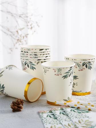 12入組植物圖案一次性杯子