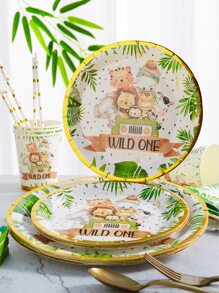 12入組/組一次性餐盤，7/9 英寸卡通動物圖案狂野派對用品，狩獵生日用品，叢林盤，派對紙盤，適合狩獵盤嬰兒淋浴餐具