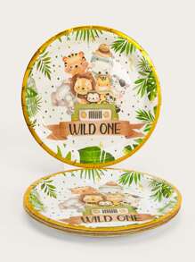 12入組/組一次性餐盤，7/9 英寸卡通動物圖案狂野派對用品，狩獵生日用品，叢林盤，派對紙盤，適合狩獵盤嬰兒淋浴餐具