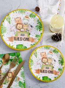 12入組/組一次性餐盤，7/9 英寸卡通動物圖案狂野派對用品，狩獵生日用品，叢林盤，派對紙盤，適合狩獵盤嬰兒淋浴餐具