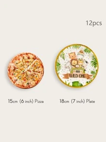 12入組/組一次性餐盤，7/9 英寸卡通動物圖案狂野派對用品，狩獵生日用品，叢林盤，派對紙盤，適合狩獵盤嬰兒淋浴餐具