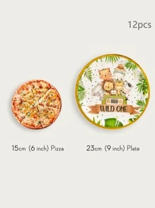 12入組/組一次性餐盤，7/9 英寸卡通動物圖案狂野派對用品，狩獵生日用品，叢林盤，派對紙盤，適合狩獵盤嬰兒淋浴餐具