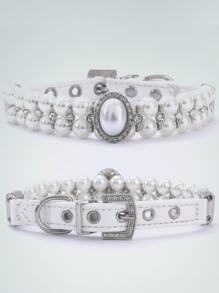 1 pieza Collar para mascota con perla artificial & con diseño de diamante de imitación - Blanco - Ver 1