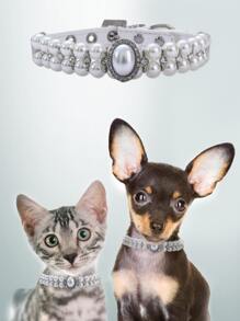 1 pieza Collar para mascota con perla artificial & con diseño de diamante de imitación - Blanco - Ver 7