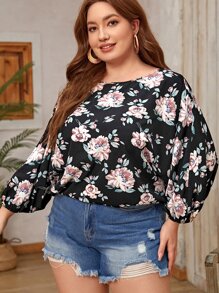 SHEIN Clasi Plus Floral Print Lantern Sleeve Blouse - Black - View 4