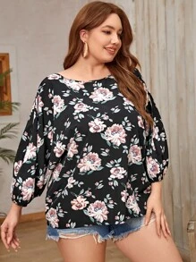 SHEIN Clasi Plus Floral Print Lantern Sleeve Blouse - Black - View 3