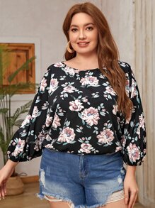 SHEIN Clasi Plus Floral Print Lantern Sleeve Blouse - Black - View 1