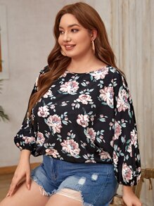 SHEIN Clasi Plus Floral Print Lantern Sleeve Blouse - Black - View 6
