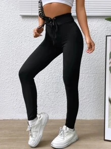 SHEIN Essnce Lace Up Front Solid Leggings - Black - View 1