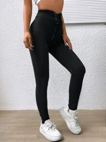 SHEIN Essnce Lace Up Front Solid Leggings - Black - View 5