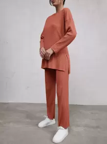 RueChic Drop Shoulder Split Hem Tee & Trousers - Redwood - View 3