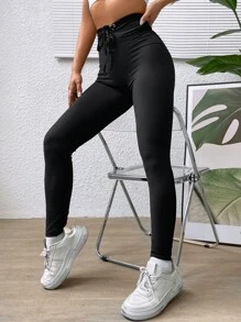SHEIN Essnce Lace Up Front Solid Leggings - Black - View 6