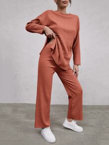 RueChic Drop Shoulder Split Hem Tee & Trousers - Redwood - View 4