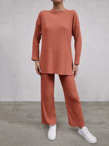 RueChic Drop Shoulder Split Hem Tee & Trousers - Redwood - View 5
