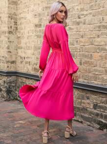 SHEIN Clasi Notched Neck Layered Hem Belted Dress - Hot Pink - View 2
