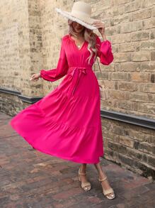SHEIN Clasi Notched Neck Layered Hem Belted Dress - Hot Pink - View 3