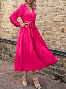 SHEIN Clasi Notched Neck Layered Hem Belted Dress - Hot Pink - View 6